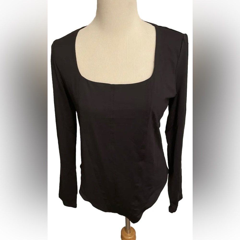 HOUSE OF HARLOW 1960 Bodysuit Top Black Snap Bottom Square Neck Long Sleeve XL